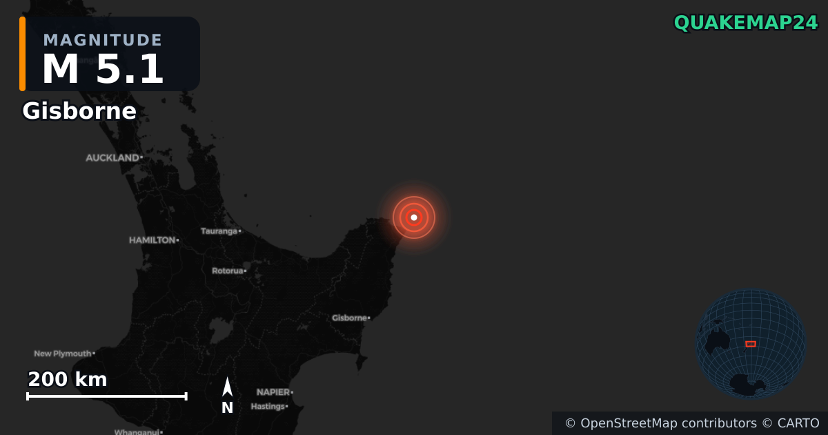 M5.1 earthquake near Gisborne on Sep 6, 2025 — map of epicenter and shaking intensity | QuakeMap24