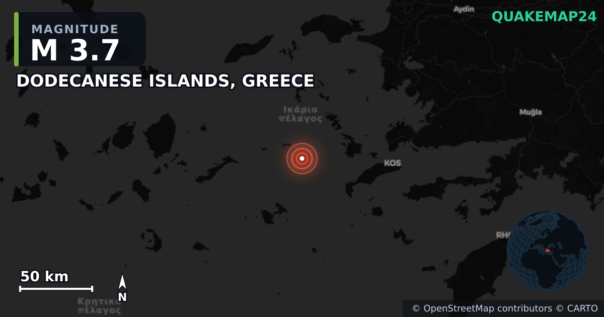 M3.7 earthquake near DODECANESE ISLANDS, GREECE on Nov 11, 2025 — map of epicenter and shaking intensity | QuakeMap24
