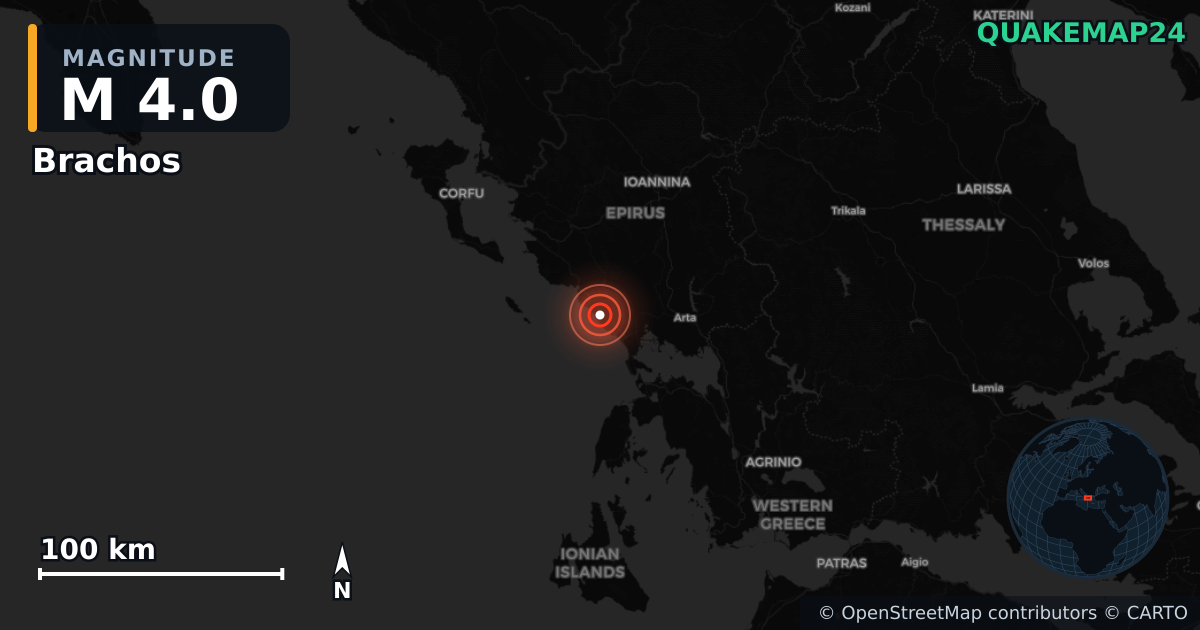 M4.0 earthquake near Brachos on Apr 24, 2026 — map of epicenter and shaking intensity | QuakeMap24