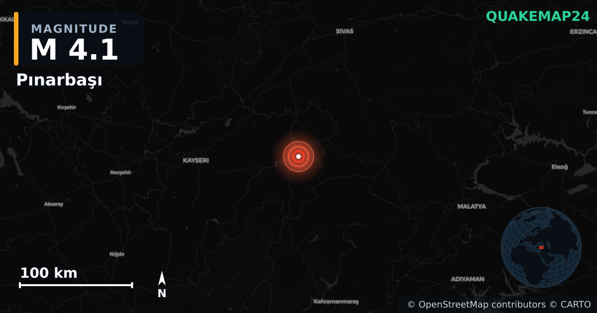 M4.1 earthquake near Pınarbaşı on Aug 26, 2026 — map of epicenter and shaking intensity | QuakeMap24