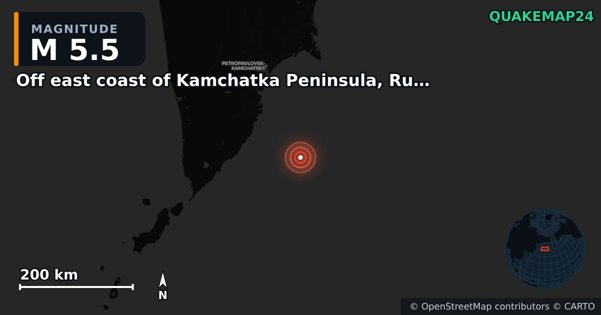 M5.5 earthquake near Off east coast of Kamchatka Peninsula, Russia [Sea: Russia] on Jun 3, 2026 — map of epicenter and shaking intensity | QuakeMap24
