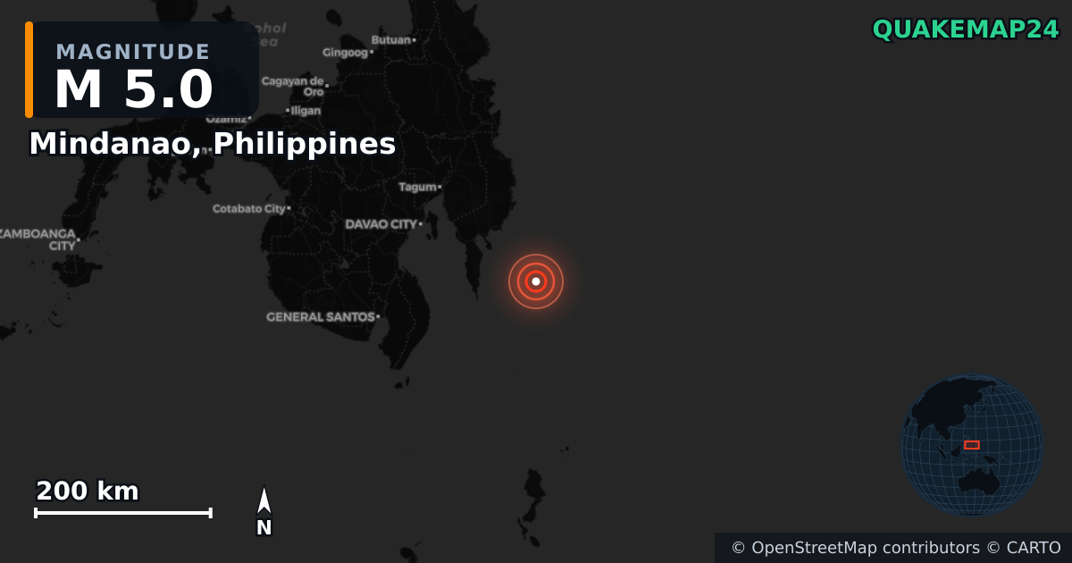 Terremoto de M5,0 cerca de Mindanao, Philippines — Mapa de la ubicación del epicentro
