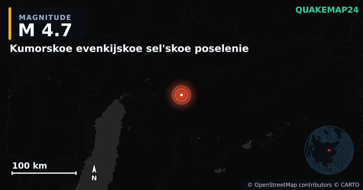 M4.7 earthquake near Kumorskoe evenkijskoe sel'skoe poselenie on Mar 17, 2026 — map of epicenter and shaking intensity | QuakeMap24