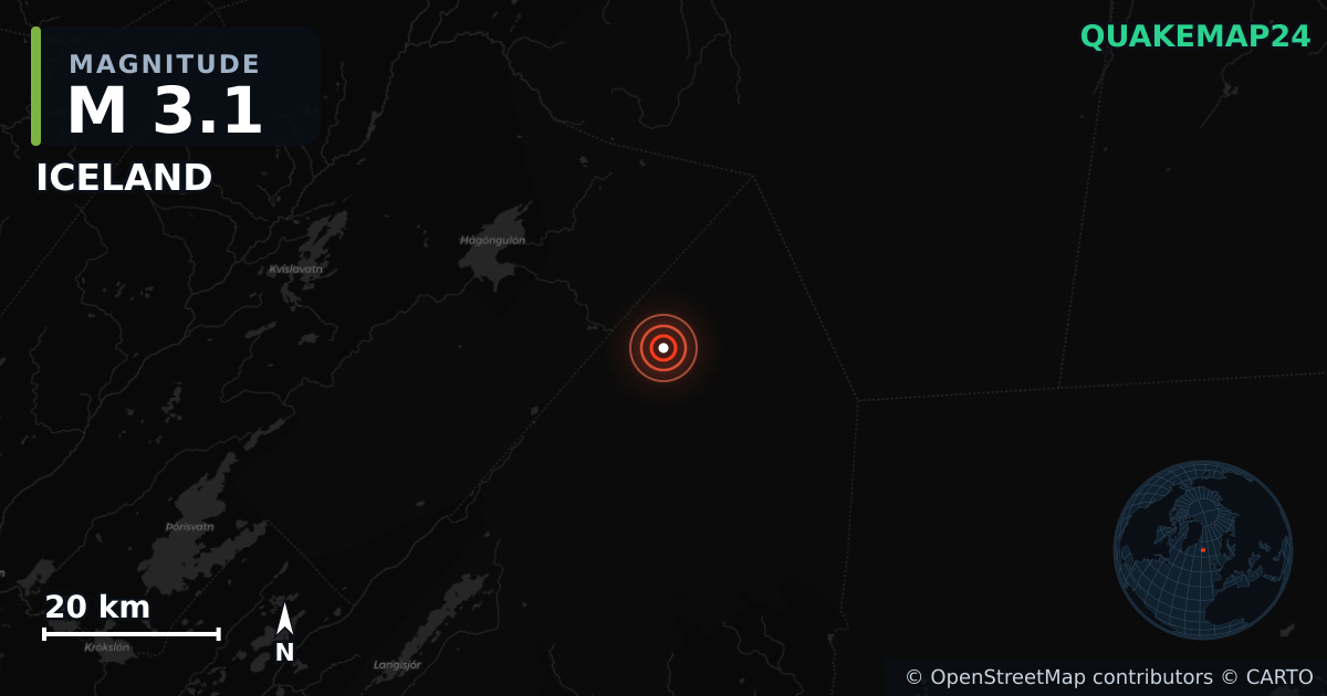 M3.1 earthquake near ICELAND on Dec 6, 2025 — map of epicenter and shaking intensity | QuakeMap24