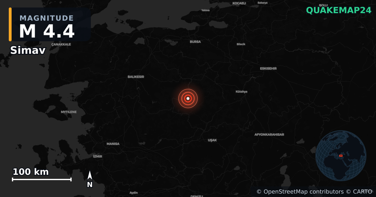 M4.4 earthquake near Simav on Sep 20, 2025 — map of epicenter and shaking intensity | QuakeMap24
