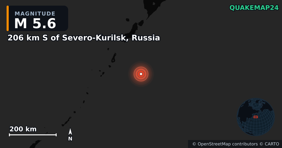 M5.6 earthquake near 206 km S of Severo-Kurilsk, Russia on Jul 30, 2025 — map of epicenter and shaking intensity | QuakeMap24