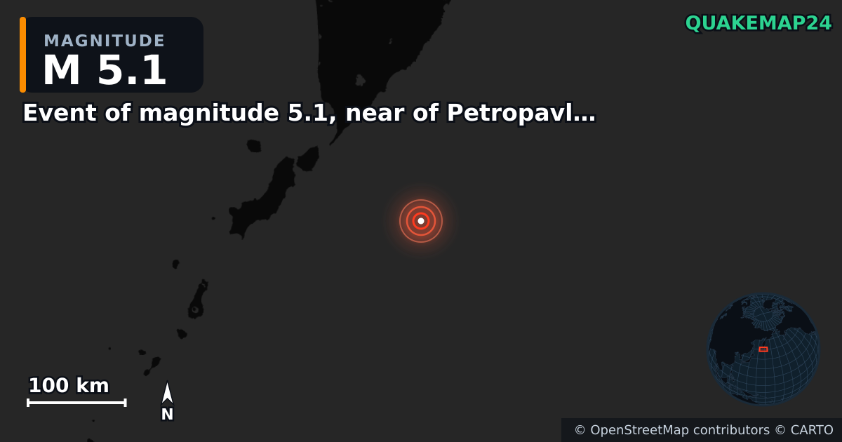 M5.1 earthquake near Event of magnitude 5.1, near of Petropavlovsk Kamchatskiy (Monde) on Nov 28, 2025 — map of epicenter and shaking intensity | QuakeMap24