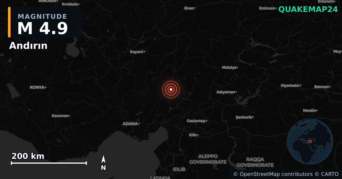 Erdbeben M4,7 bei Andırın, Kahramanmaraş (Türkei) · 2026-09-21 — Karte der Lage des Epizentrums