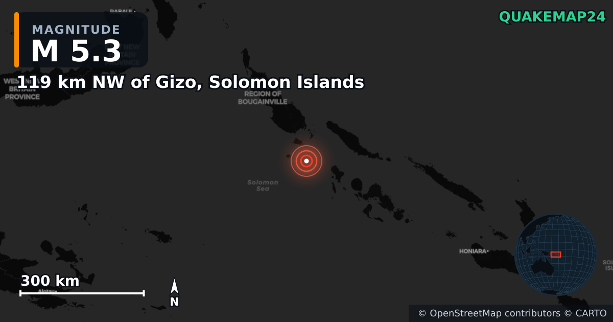 M5.3 earthquake near 119 km NW of Gizo, Solomon Islands on Feb 22, 2025 — map of epicenter and shaking intensity | QuakeMap24
