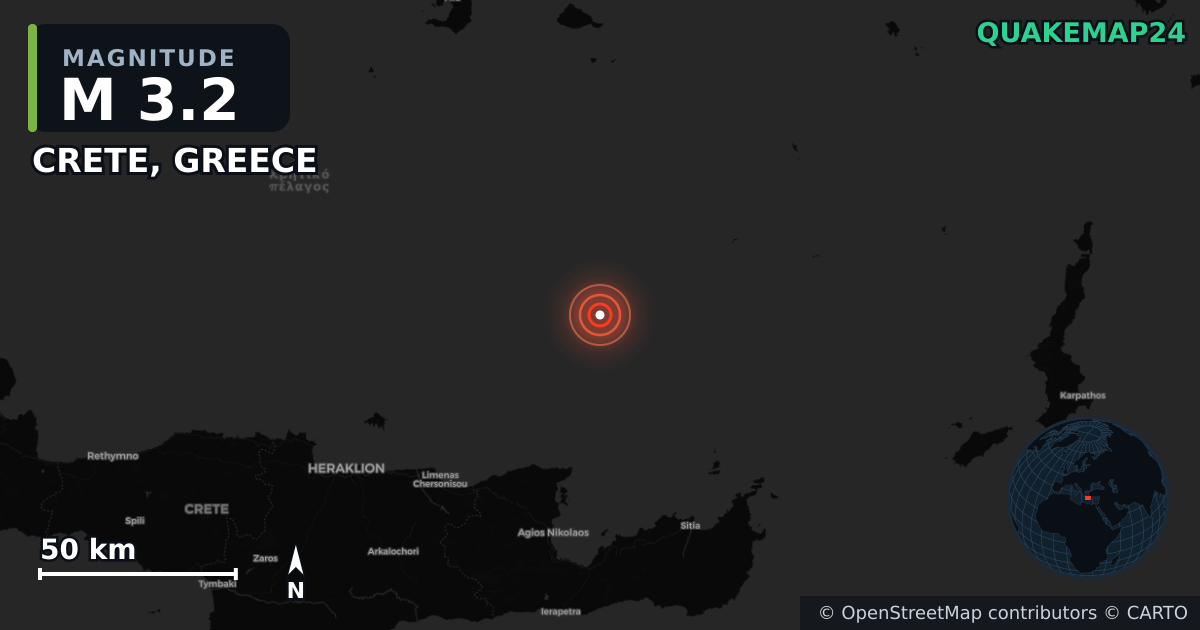 M3.2 earthquake near CRETE, GREECE on Jul 11, 2025 — map of epicenter and shaking intensity | QuakeMap24