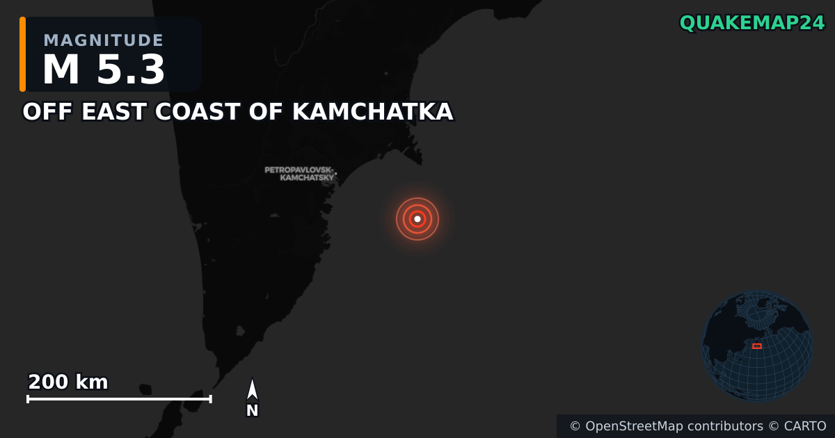 OFF EAST COAST OF KAMCHATKA yakınında M5,3 deprem — Deprem merkez üssünün konumunu gösteren harita