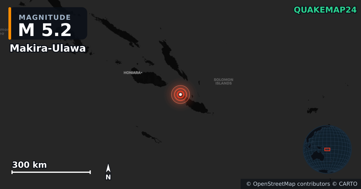 M5.2 earthquake near Makira-Ulawa on Dec 1, 2025 — map of epicenter and shaking intensity | QuakeMap24