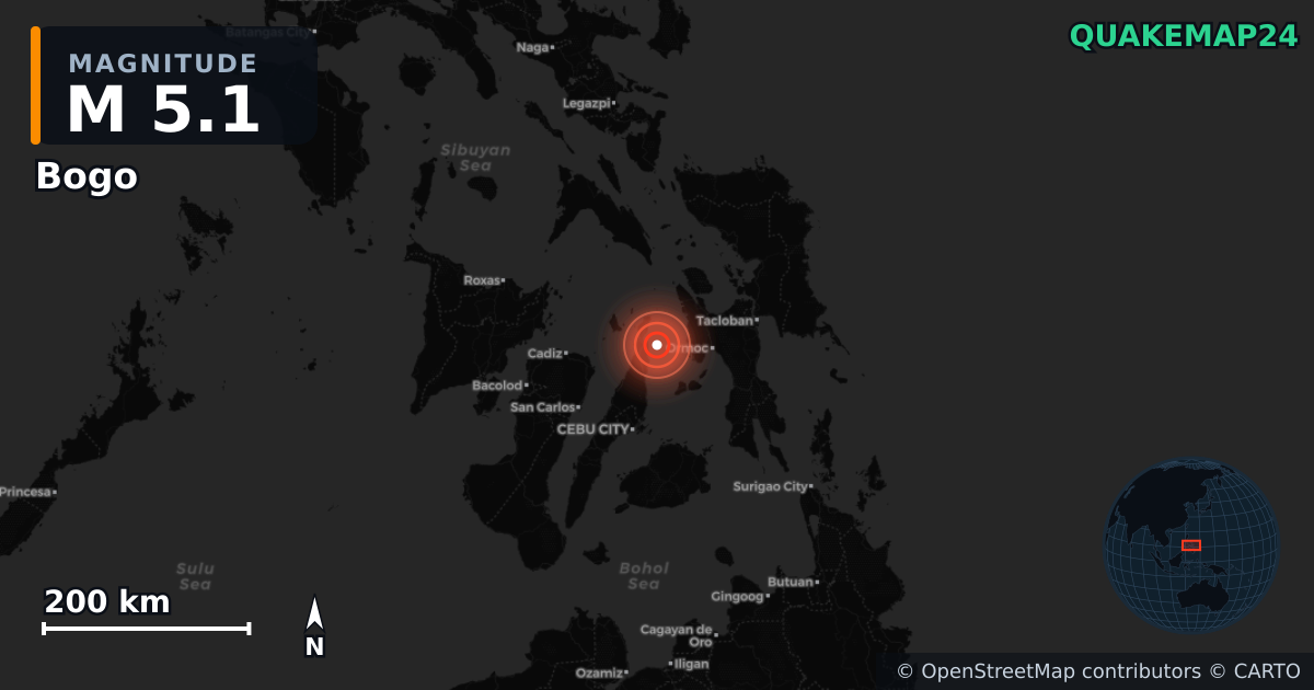 M5.1 earthquake near Bogo on Apr 6, 2026 — map of epicenter and shaking intensity | QuakeMap24