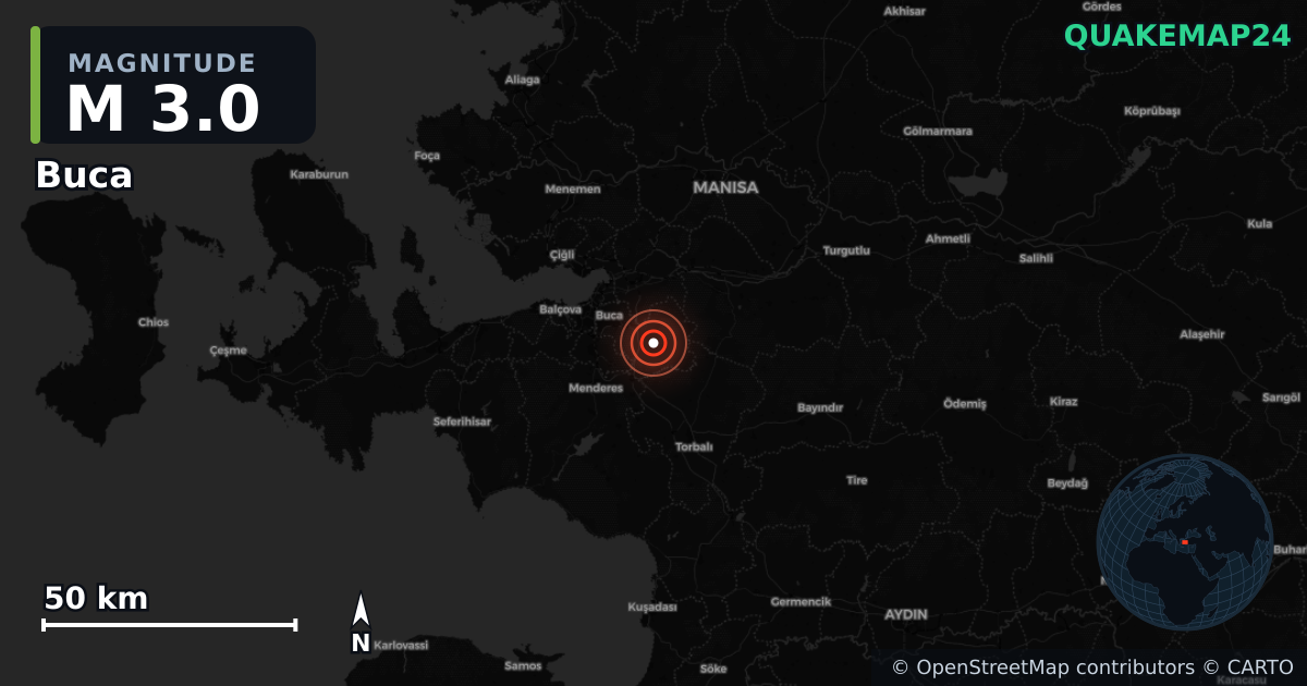 M3.0 earthquake near Buca on Sep 15, 2025 — map of epicenter and shaking intensity | QuakeMap24