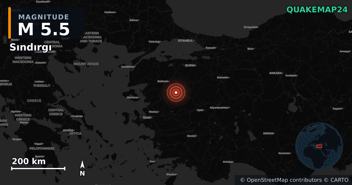 M5.5 earthquake near Sındırgı on Oct 27, 2025 — map of epicenter and shaking intensity | QuakeMap24