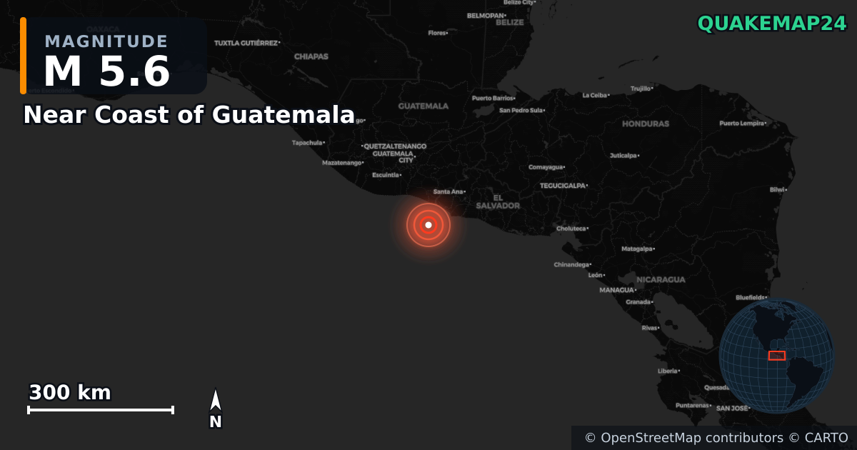 M5.6 earthquake near Near Coast of Guatemala on Aug 23, 2025 — map of epicenter and shaking intensity | QuakeMap24