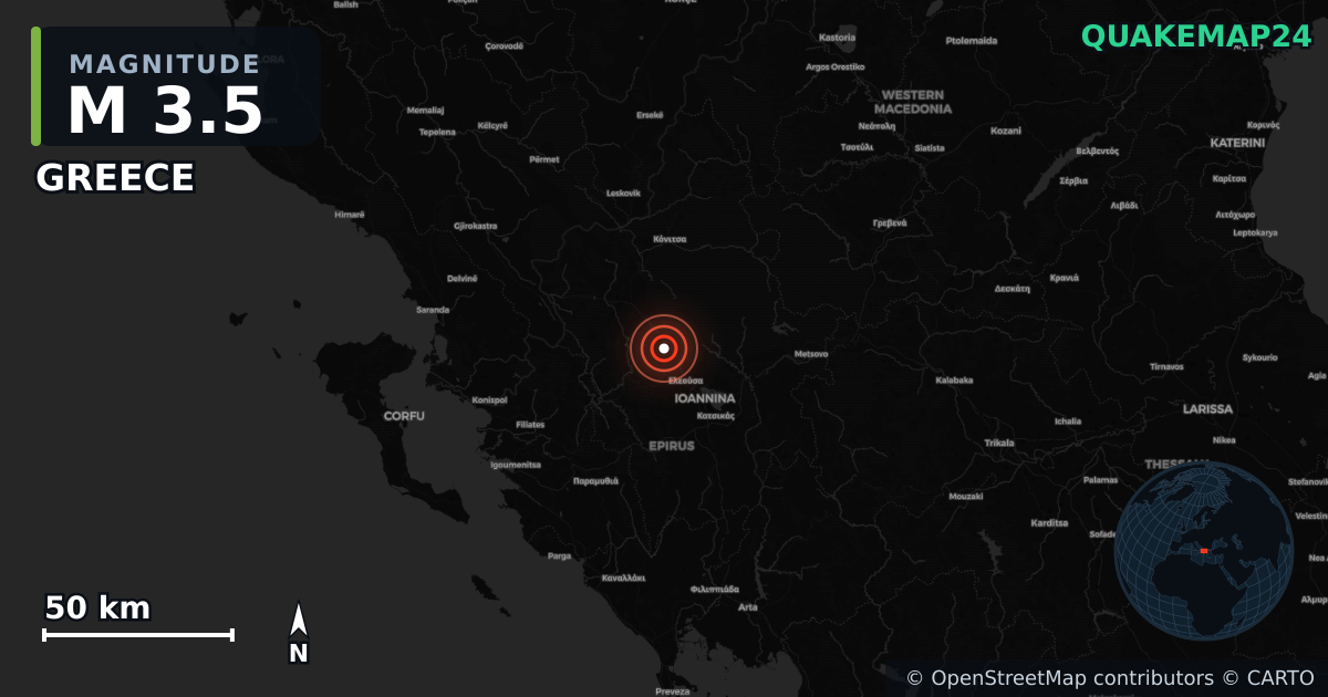 M3.5 earthquake near GREECE on Apr 6, 2026 — map of epicenter and shaking intensity | QuakeMap24
