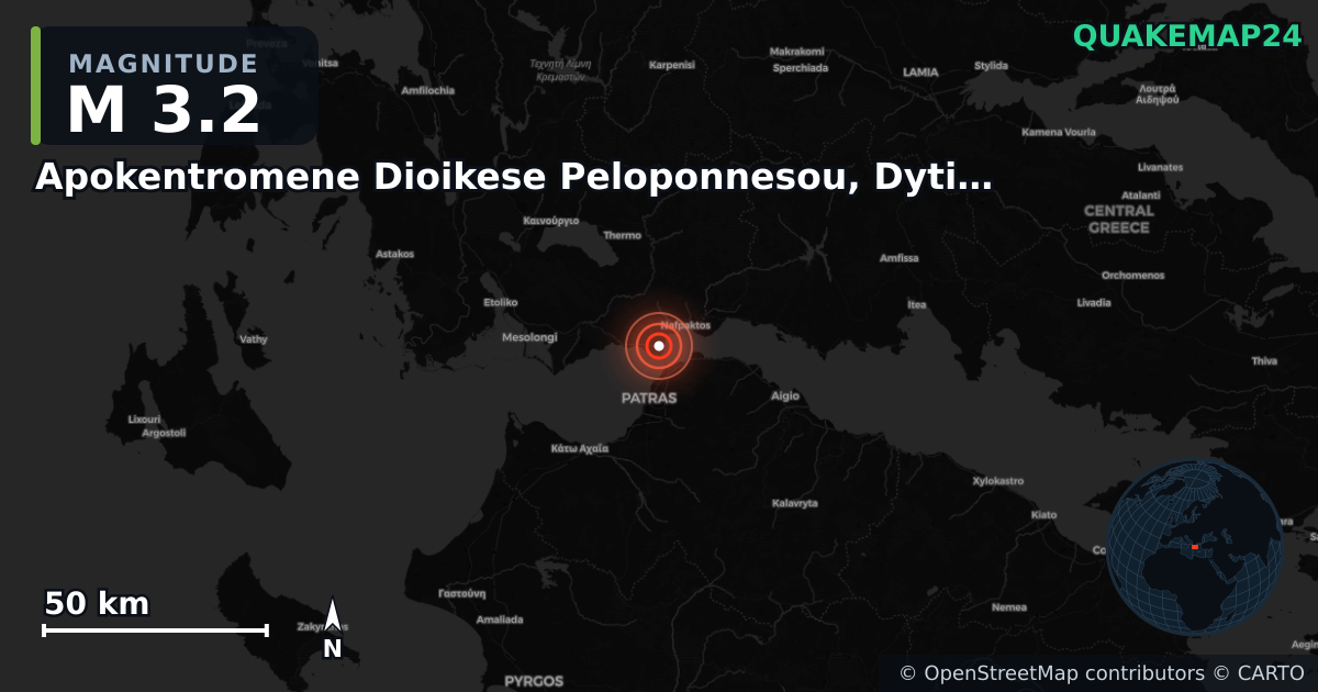 M3.2 earthquake near Apokentromene Dioikese Peloponnesou, Dytikes Elladas kai Ioniou on Sep 16, 2025 — map of epicenter and shaking intensity | QuakeMap24
