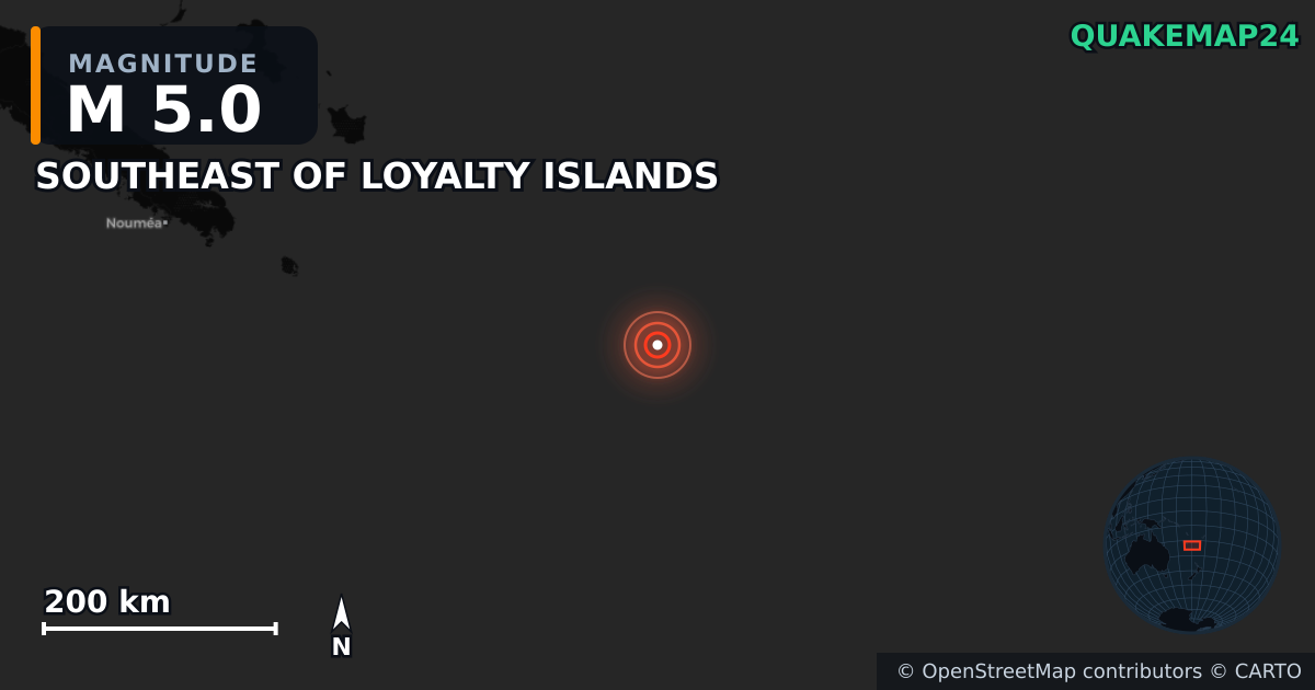 Terremoto de M5,0 cerca de SOUTHEAST OF LOYALTY ISLANDS — Mapa de la ubicación del epicentro
