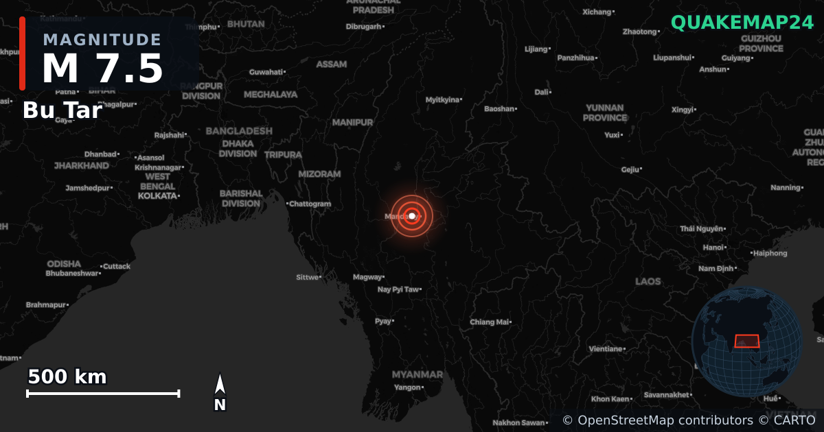 M7.5 earthquake near Bu Tar on Mar 28, 2025 — map of epicenter and shaking intensity | QuakeMap24