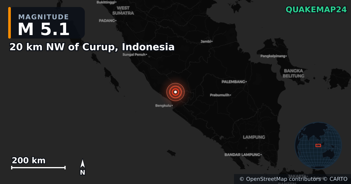Erdbeben M5,1 bei 20 km NW of Curup, Indonesia — Karte der Lage des Epizentrums