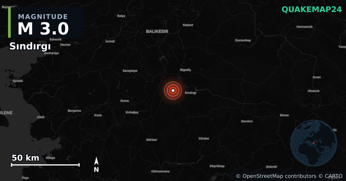 M3.0 earthquake near Sındırgı on Aug 12, 2025 — map of epicenter and shaking intensity | QuakeMap24