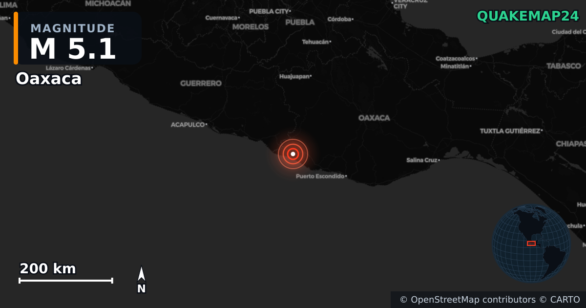 M5.1 earthquake near Oaxaca on Sep 8, 2025 — map of epicenter and shaking intensity | QuakeMap24