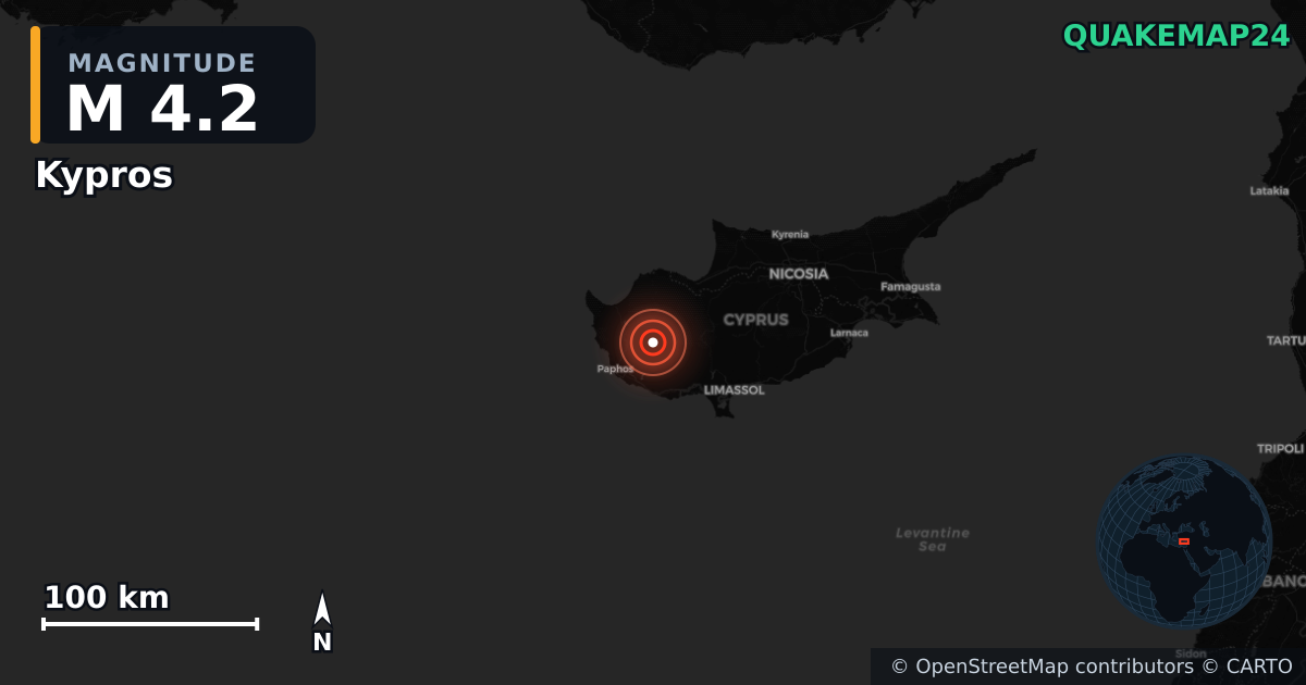 M4.2 earthquake near Kypros on Nov 12, 2025 — map of epicenter and shaking intensity | QuakeMap24