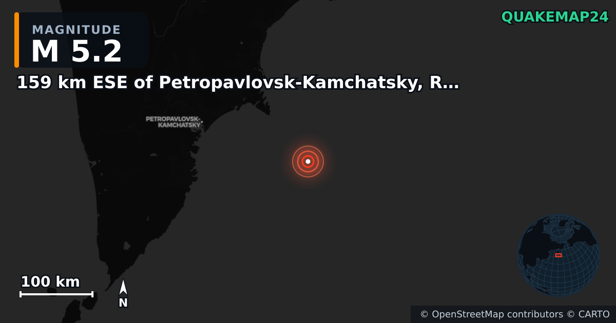 M5.2 earthquake near 159 km ESE of Petropavlovsk-Kamchatsky, Russia on Sep 8, 2025 — map of epicenter and shaking intensity | QuakeMap24