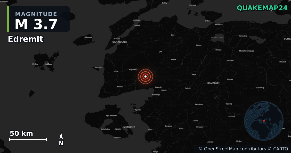 M3.7 earthquake near Edremit on Feb 7, 2026 — map of epicenter and shaking intensity | QuakeMap24