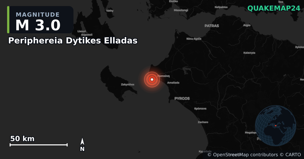 M3.0 earthquake near Periphereia Dytikes Elladas on Jan 4, 2026 — map of epicenter and shaking intensity | QuakeMap24