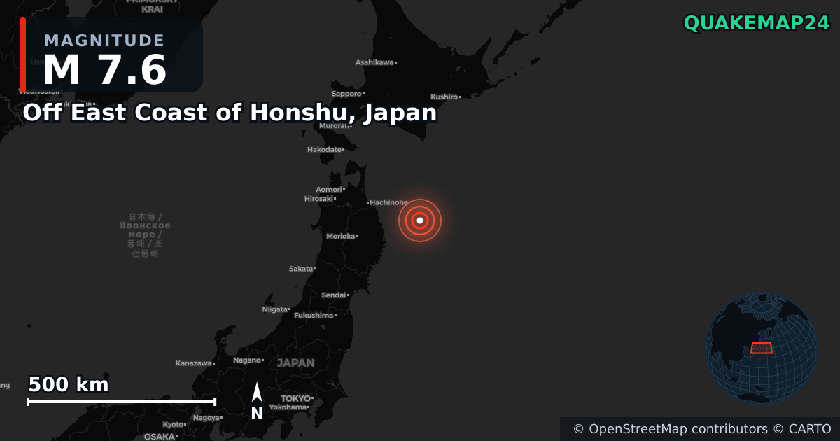 M7.6 earthquake near Off East Coast of Honshu, Japan on Apr 20, 2026 — map of epicenter and shaking intensity | QuakeMap24
