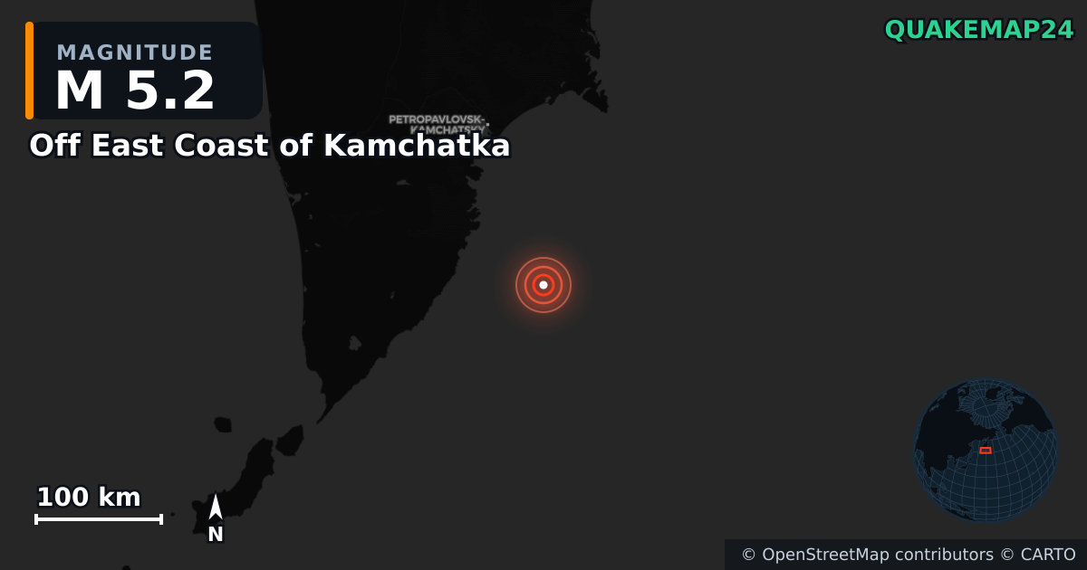 M5.2 earthquake near Off East Coast of Kamchatka on Mar 9, 2026 — map of epicenter and shaking intensity | QuakeMap24