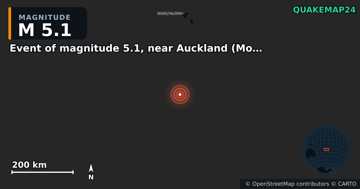 Erdbeben M5,1 bei Event of magnitude 5.1, near Auckland (Monde) — Karte der Lage des Epizentrums