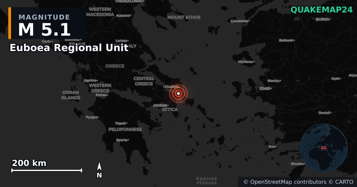 M5.1 earthquake near Euboea Regional Unit on Sep 8, 2025 — map of epicenter and shaking intensity | QuakeMap24