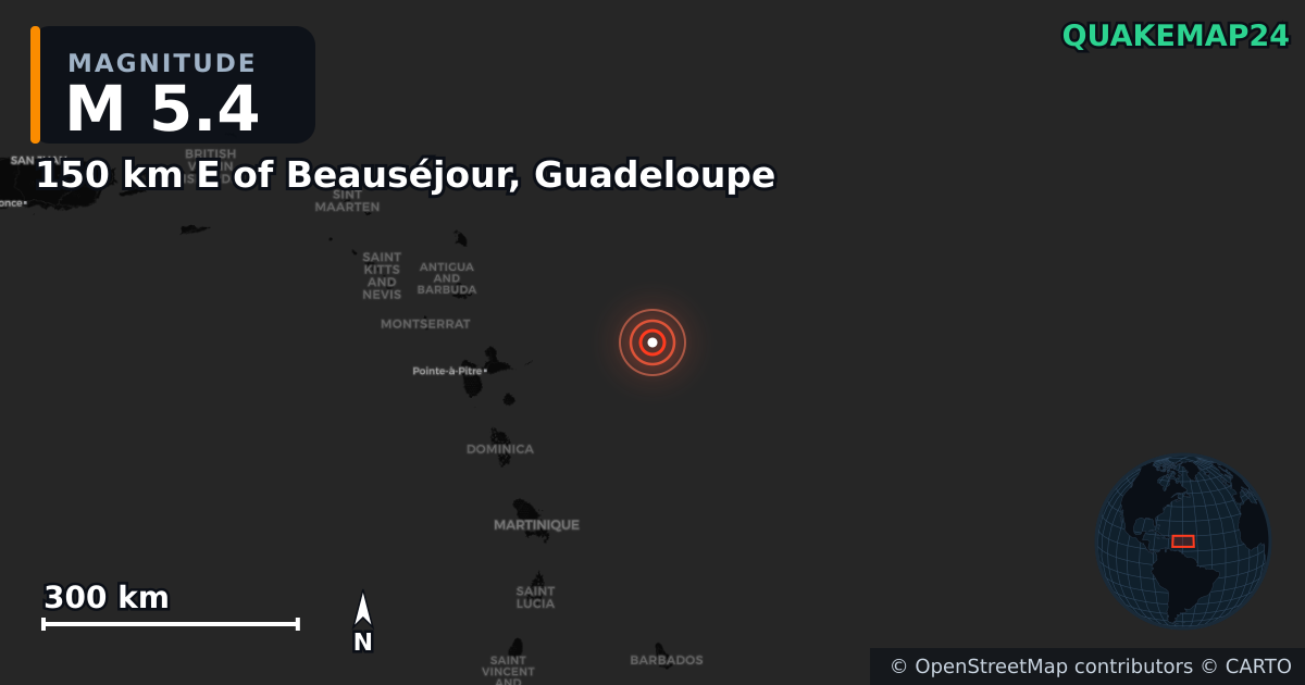 Erdbeben M5,4 bei 150 km E of Beauséjour, Guadeloupe · 2025-10-27 — Karte der Lage des Epizentrums