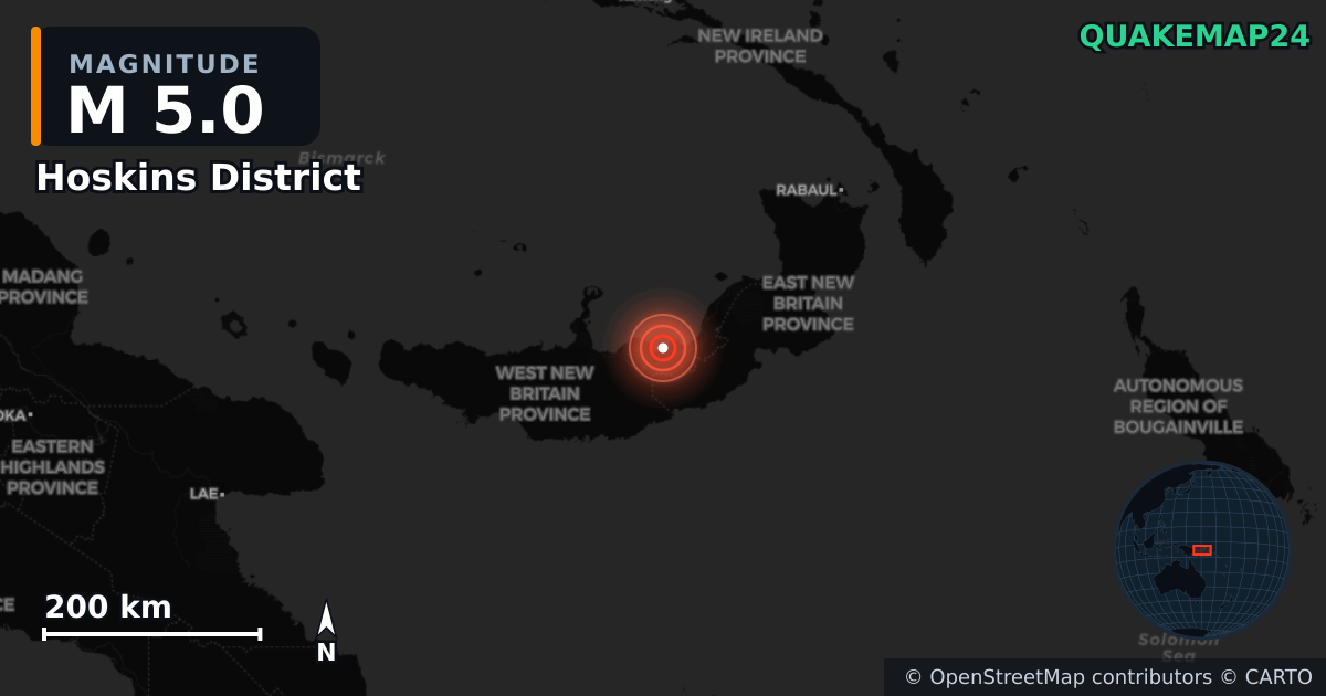 M5.0 earthquake near Hoskins District on Jun 22, 2026 — map of epicenter and shaking intensity | QuakeMap24