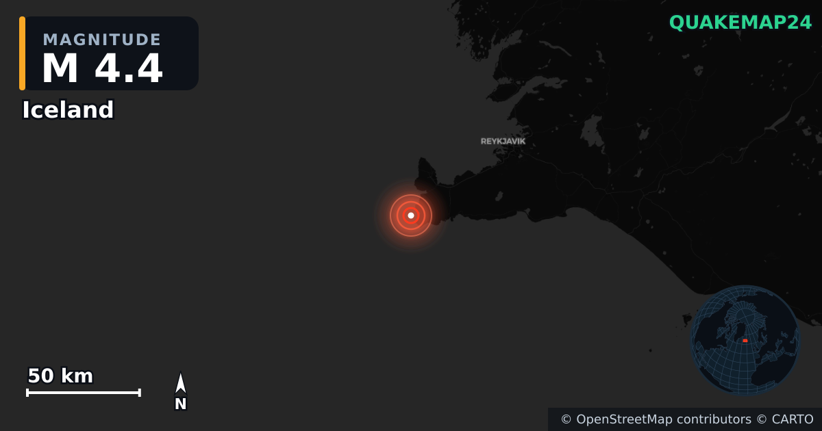 M4.4 earthquake near Iceland on Aug 25, 2026 — map of epicenter and shaking intensity | QuakeMap24