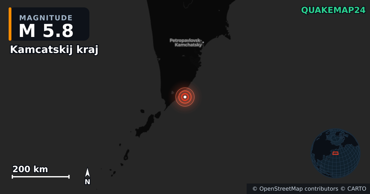 M5.8 earthquake near Kamcatskij kraj on Sep 19, 2025 — map of epicenter and shaking intensity | QuakeMap24