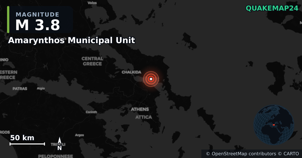 M3.8 earthquake near Amarynthos Municipal Unit on Jun 7, 2026 — map of epicenter and shaking intensity | QuakeMap24