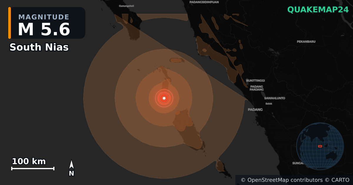 M5.6 earthquake near South Nias on Aug 18, 2026 — map of epicenter and shaking intensity | QuakeMap24