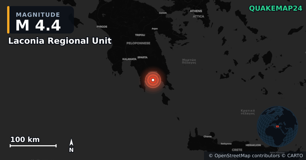 M4.4 earthquake near Laconia Regional Unit on Jun 30, 2026 — map of epicenter and shaking intensity | QuakeMap24