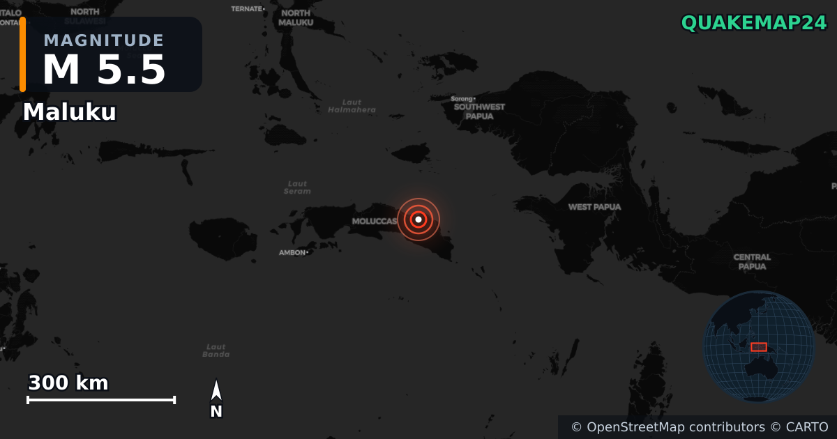 M5.5 earthquake near Maluku on Jul 23, 2025 — map of epicenter and shaking intensity | QuakeMap24