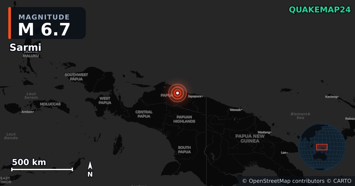 M6.7 earthquake near Sarmi on Oct 16, 2025 — map of epicenter and shaking intensity | QuakeMap24