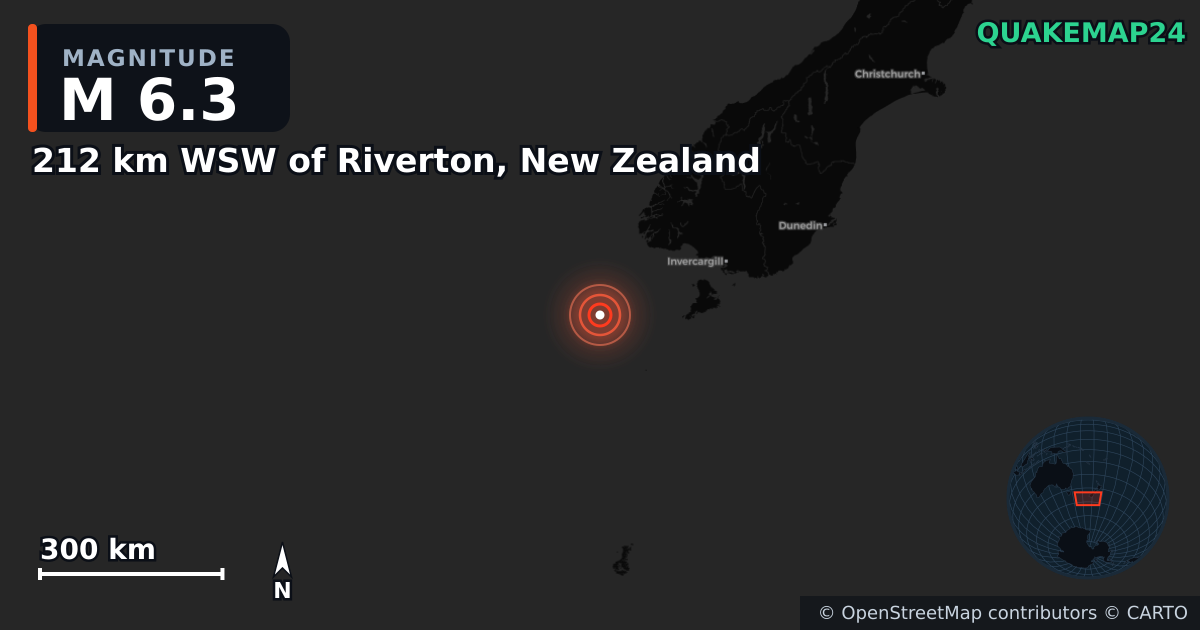 Erdbeben M6,3 bei 212 km WSW of Riverton, New Zealand · 2025-07-07 — Karte der Lage des Epizentrums