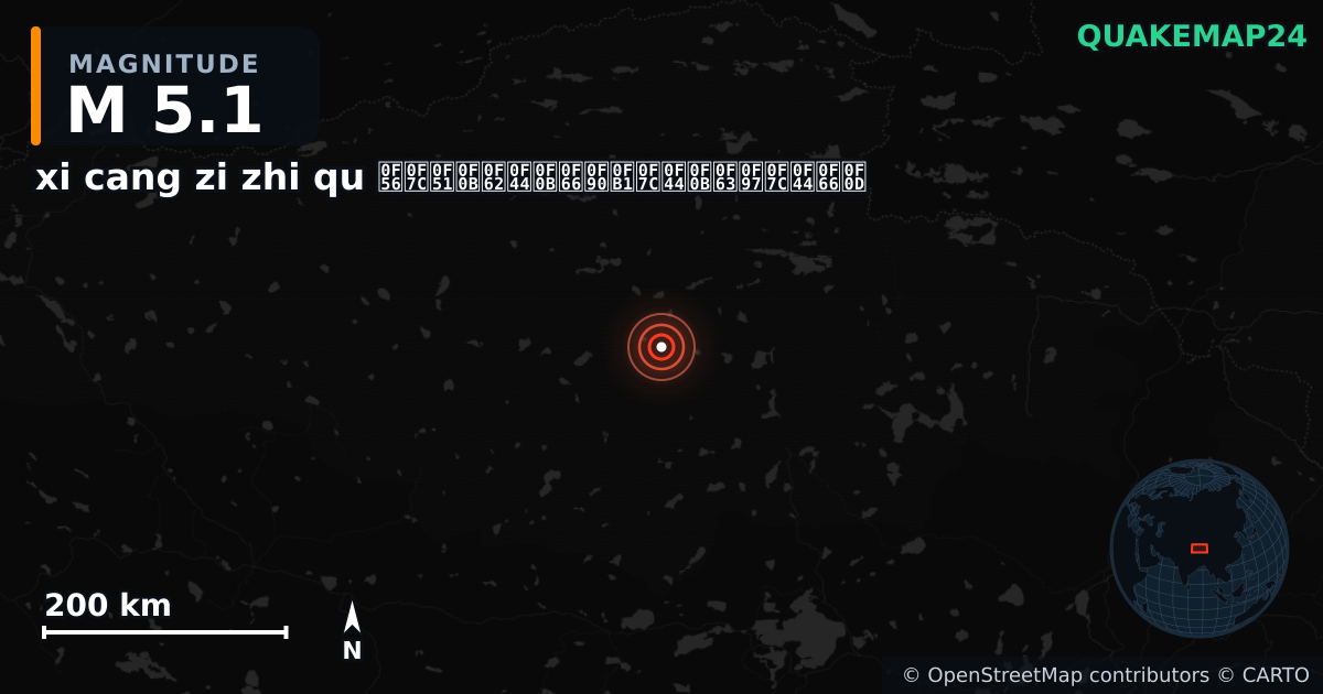 M5.1 earthquake near xi cang zi zhi qu བོད་རང་སྐྱོང་ལྗོངས། on Aug 26, 2025 — map of epicenter and shaking intensity | QuakeMap24