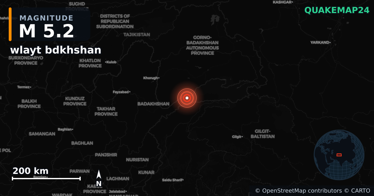 M5.2 earthquake near wlayt bdkhshan on Oct 19, 2025 — map of epicenter and shaking intensity | QuakeMap24