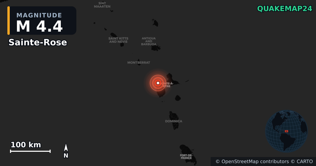 M4.4 earthquake near Sainte-Rose on Jan 20, 2026 — map of epicenter and shaking intensity | QuakeMap24