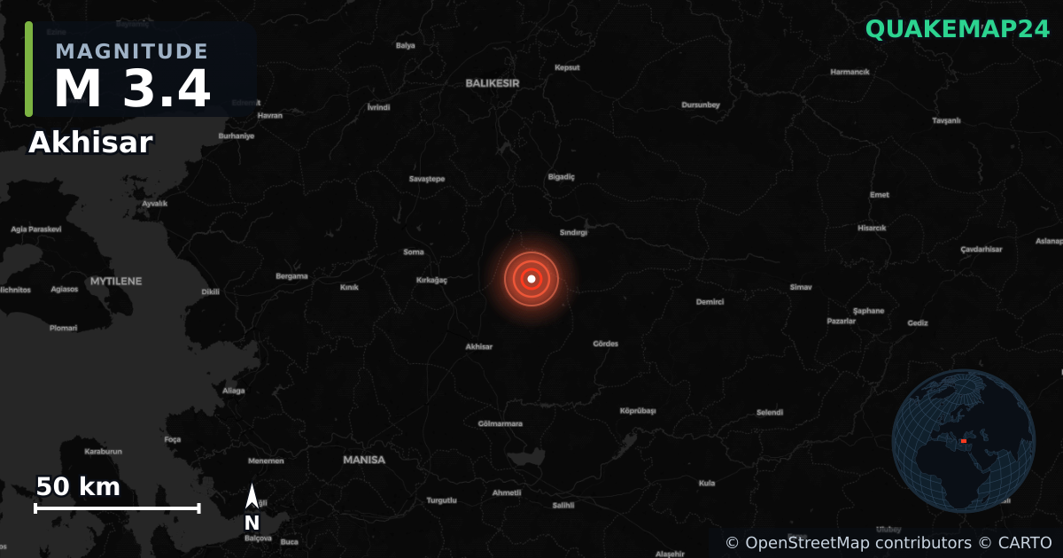 M3.4 earthquake near Akhisar on Aug 20, 2025 — map of epicenter and shaking intensity | QuakeMap24