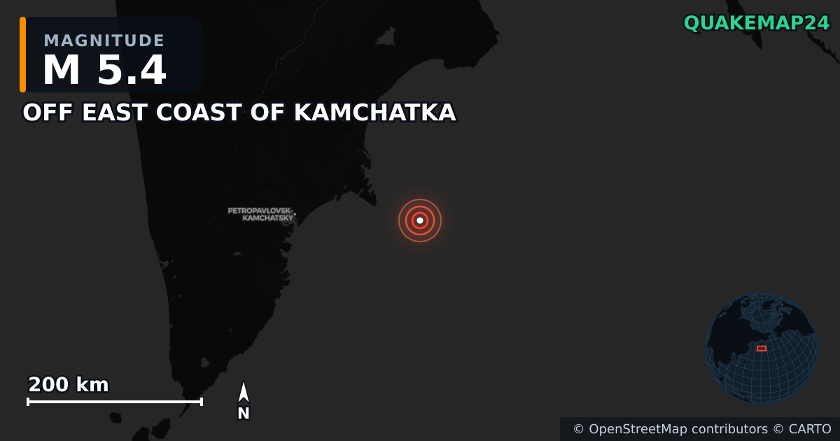 M5.4 earthquake near OFF EAST COAST OF KAMCHATKA on Sep 18, 2025 — map of epicenter and shaking intensity | QuakeMap24
